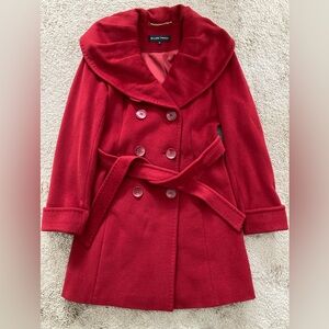 Red shawl collar wool coat with waist sash